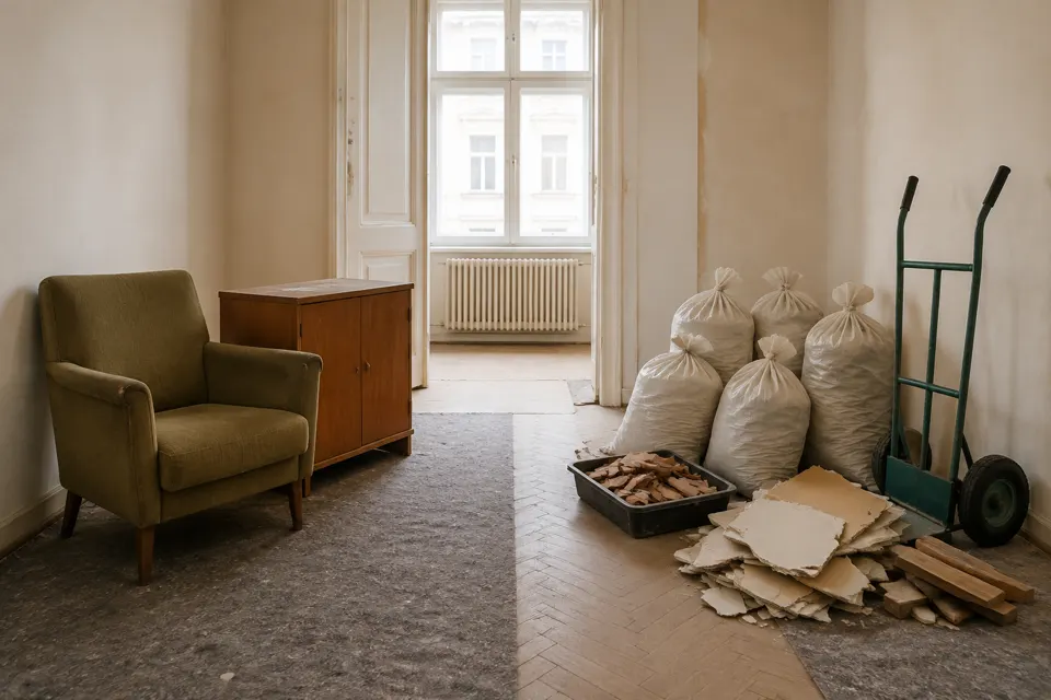 Symbolbild: Alte Möbel und sortierte Renovierungsabfälle zur Abholung